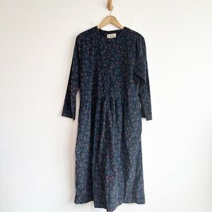 Vintage J. Jill Midi Dress Floral Corduroy Navy Womens Medium Modest 90s Teacher